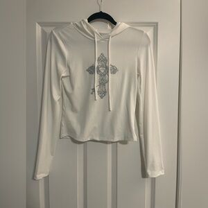 🤍Just Polly New York, White Graphic Cross Design Fit red Hoodie Sweatshirt Large